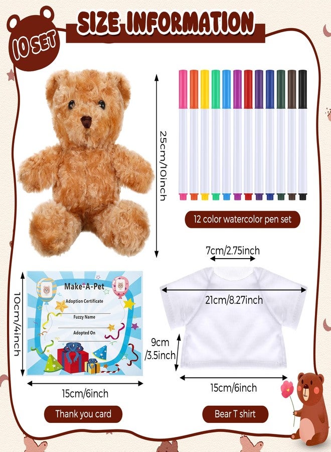 Blueweenly 40 Pcs Valentine Day Make Your Own Stuffed Bear Kit DIY Valentines Plush Gift 10 Pcs 9.84 Inches Rose Velvet Bear 10 White T Shirt 10 Set 12 Color Watercolor Pen 10 Paper Card(Brown) - Image 2